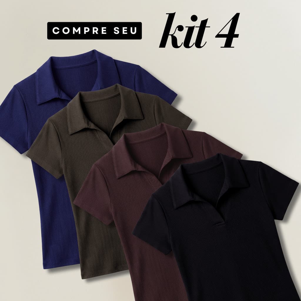 Kit 4 Blusa Polo Feminina Manga Curta Ribana Canelada Elegante Casual Estilosa