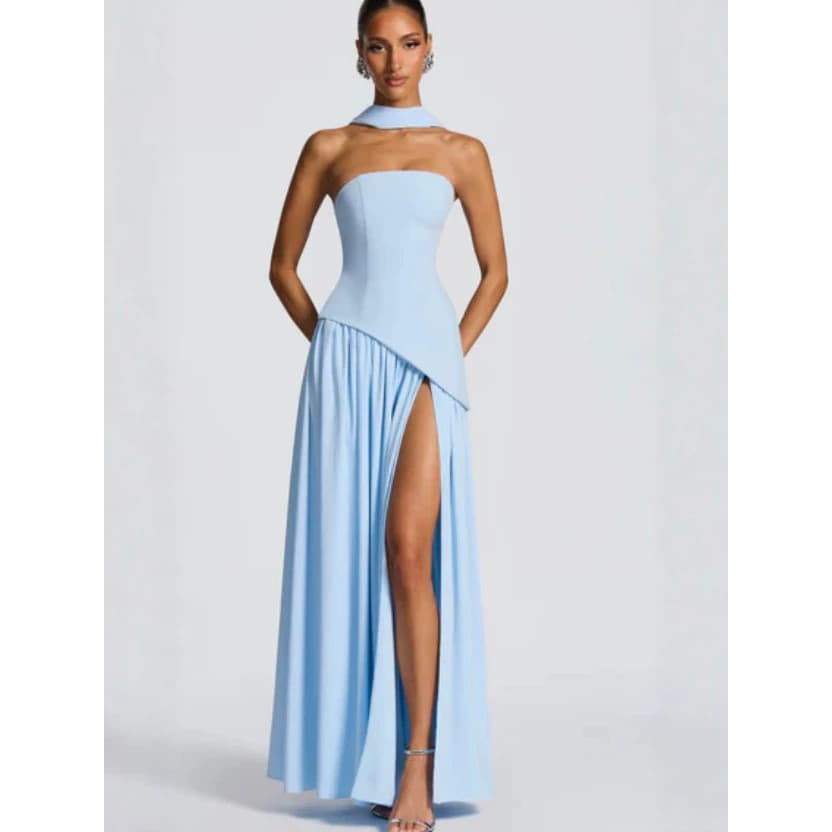 Vestido feminino europeu e americano sem alças, de cor sólida, com fenda, elegante e sensual, com costas abertas e decot