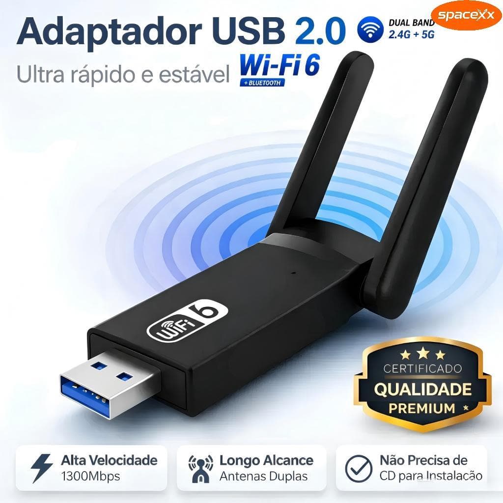 Adaptador USB Wi-Fi 6 Dual Band 2.4GHz+5GHz Até 1300Mbps Alta Velocidade para Notebook e Desktop-Spacexx