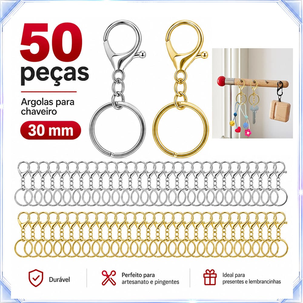 50 chaveiros de metal, prateados/dourados, 30 mm, resistentes ao desgaste, fáceis de usar, para pendurar pingentes