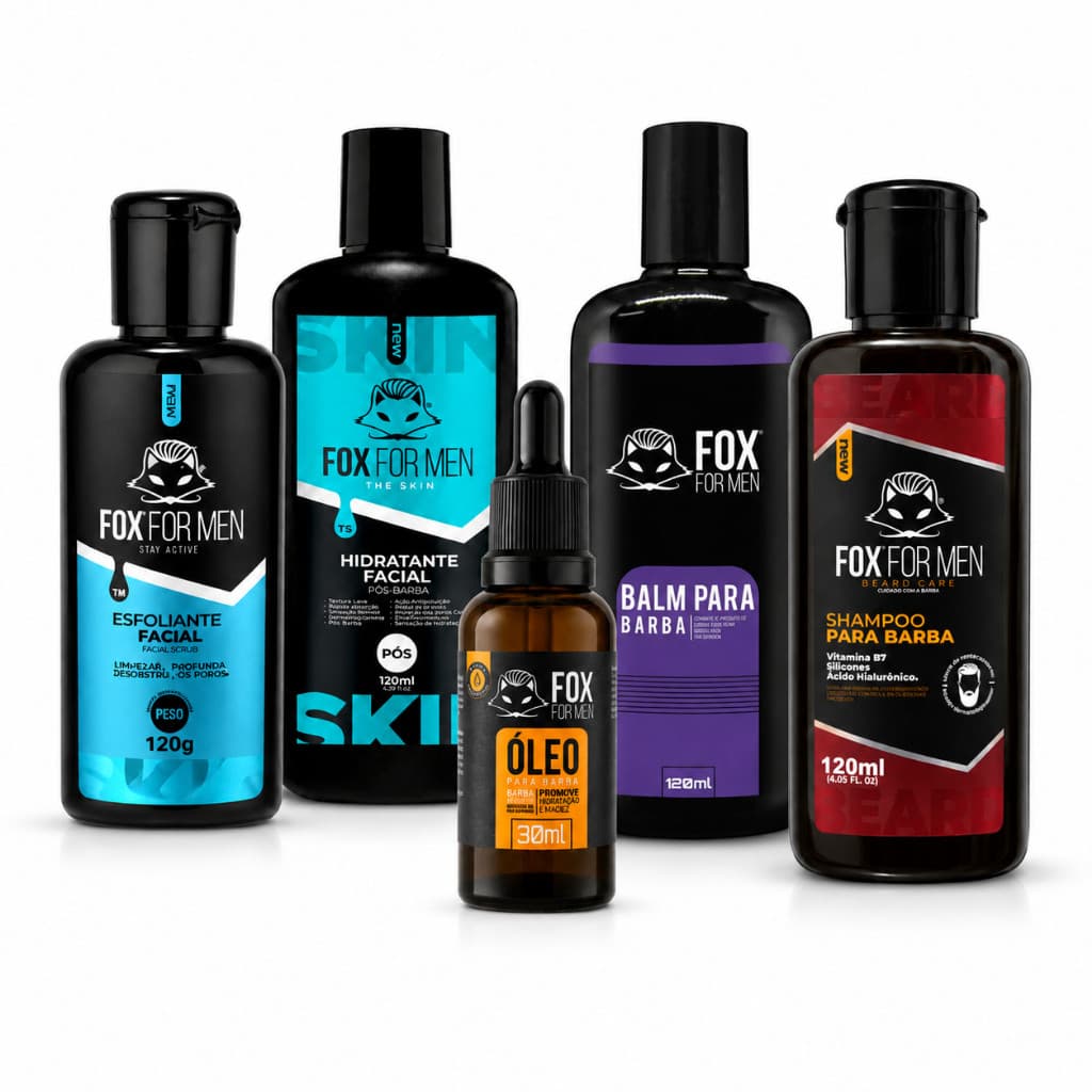 Kit Barba 5 em 1 Shampoo Balm Óleo Esfoliante Pós-Barba Fox For Men Hidratação Sem Frizz