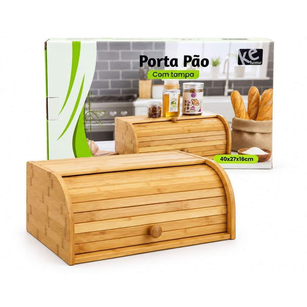 Porta Pães de Bambu com Tampa Retrátil Prático Organizador Armazenamento Guarda Pão Cozinha Bancada