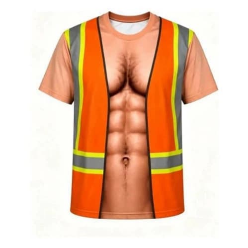 Camiseta Masculina Engraçada Com Estampa Muscular Falsa 3D , Colete De Segurança Reflexivo Simulado , Efeito Visual , No