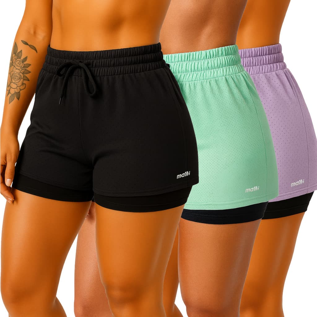 Kit 3 Bermuda Short 2 em 1 Feminino Dryfit Treino Academia