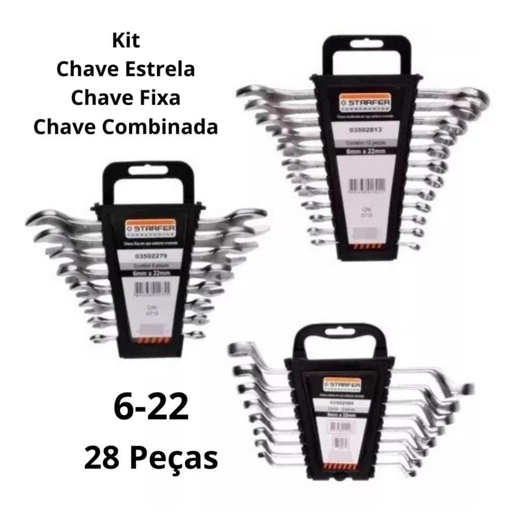 Jogo Chave Boca 6 a 22mm Combinada Estrela e Fixa Starfer 28 Pçs Ferramentas Kit Completo Uso Geral