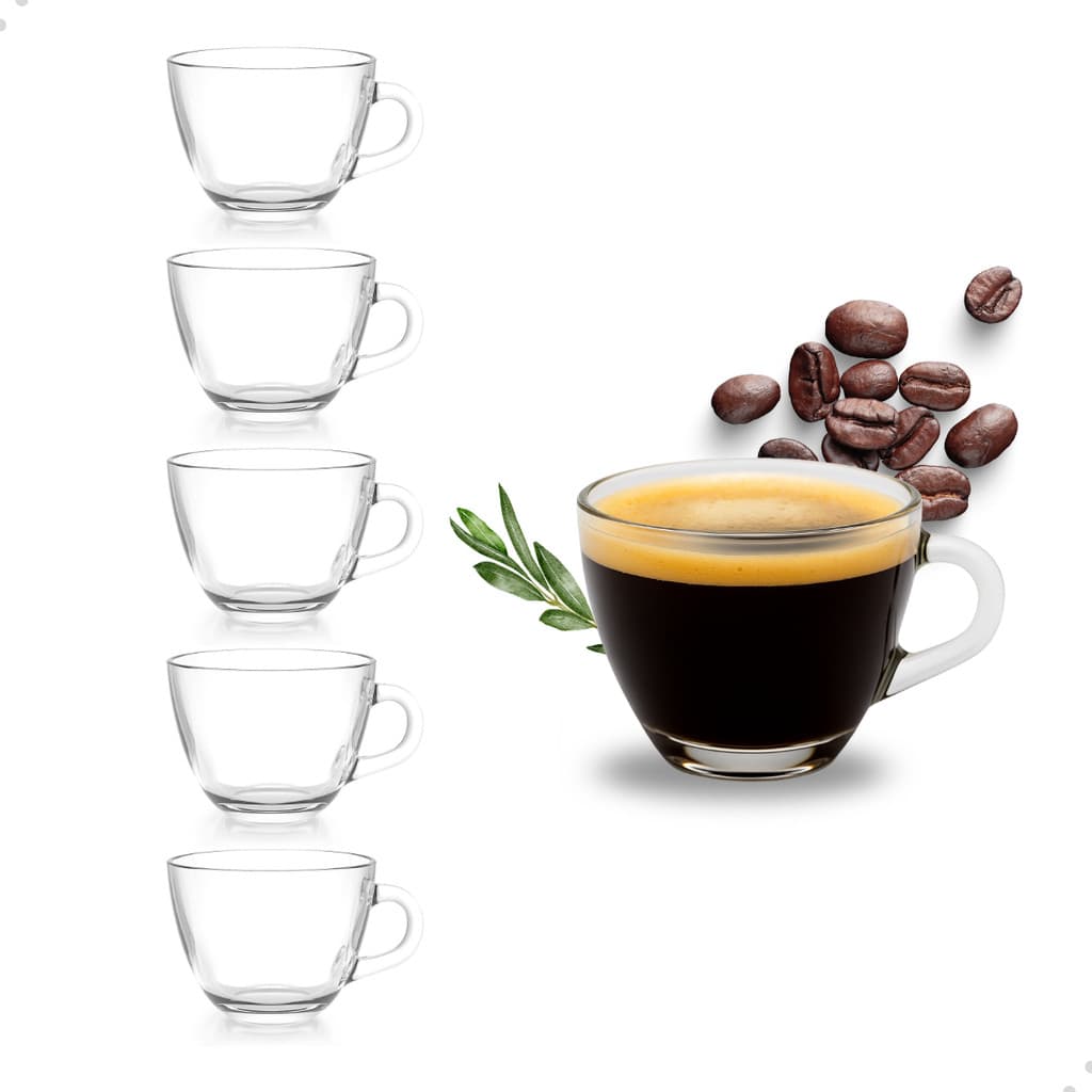 Jogo 5 Xícaras De Café Vidro Cristalino Transparente 90ml Pequena Kit Xícara Com Alça Cristal