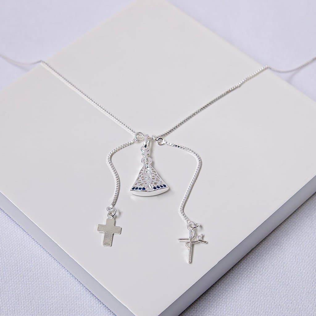 Colar Folheado Prata Nossa Senhora Cruz e Fé Feminino