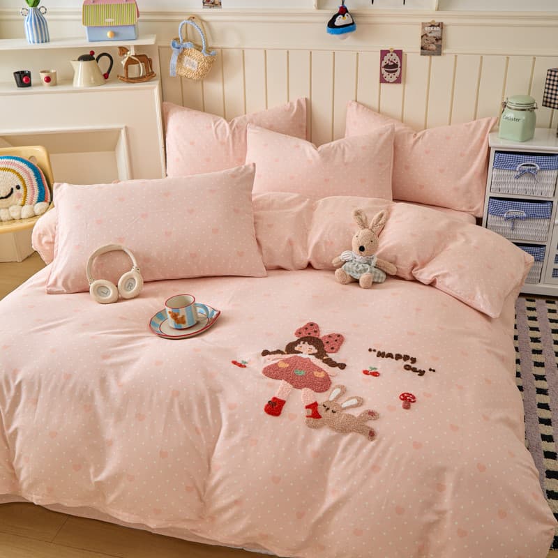 Rosa menina algodão cama conjunto de quatro peças dos desenhos animados crianças bonito cama puro algodão colcha capa fo