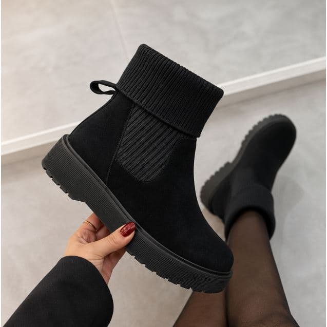 Bota Feminina Meia Dobrável Corturno Camurça Cano Médio de Tecido Estio Chelsea Mulheres Nova Estilosa-DOHAOUTLETI