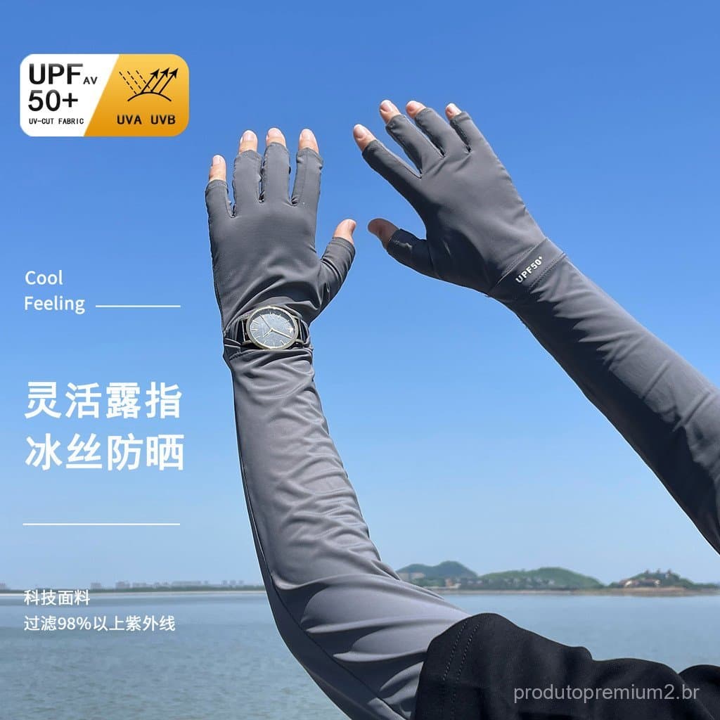 Luvas de Proteção Solar Masculinas para o Verão, em Seda Gelada, para Dirigir e Andar de Bicicleta, Proteção UV, Mangas