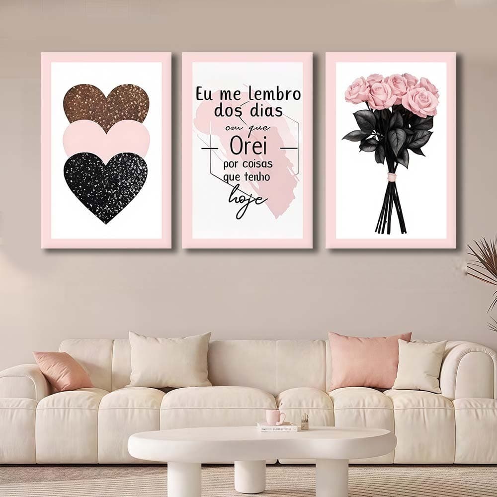 Kit 3 Quadros Decorativos Eu Me Lembro Oração Coração Rosa Flores Sala Quarto Escritório Decoracao Parede Moderno Amor