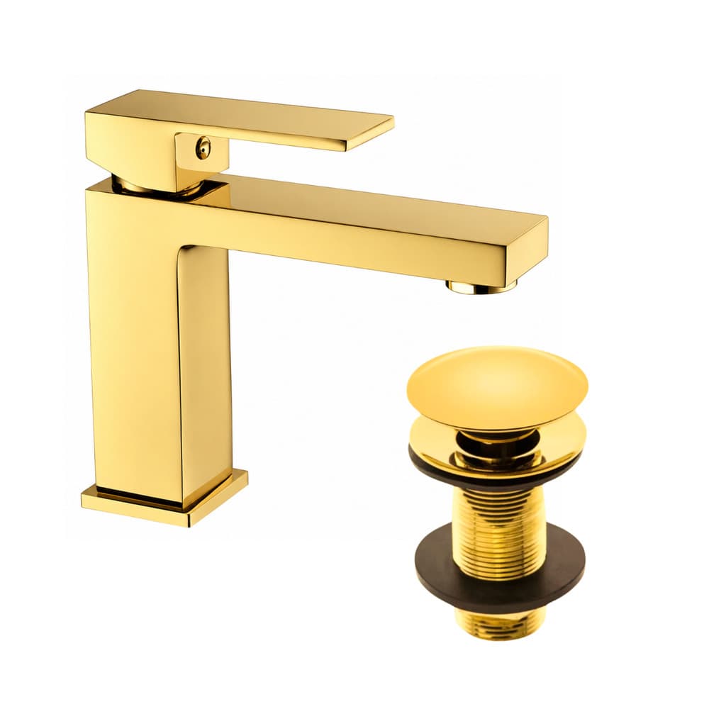 Torneira Monocomando de mesa para Banheiro Bica Baixa Quadrada + Válvula Click para Cuba 7/8 Redonda Dourado Brilhante