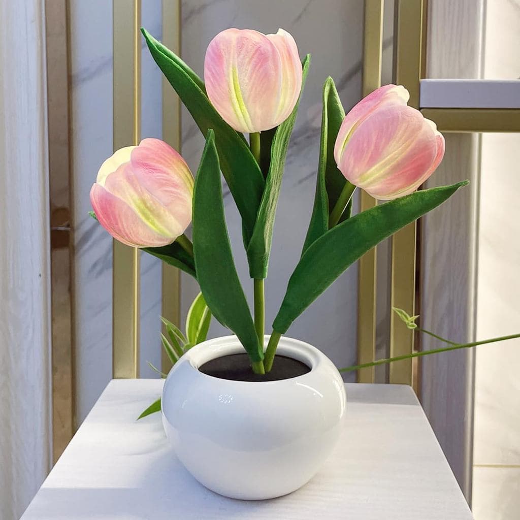 Lâmpada Tulipa LED Simulação Luz Noturna, 3 Cabeças, Vaso de Cerâmica, Rosa