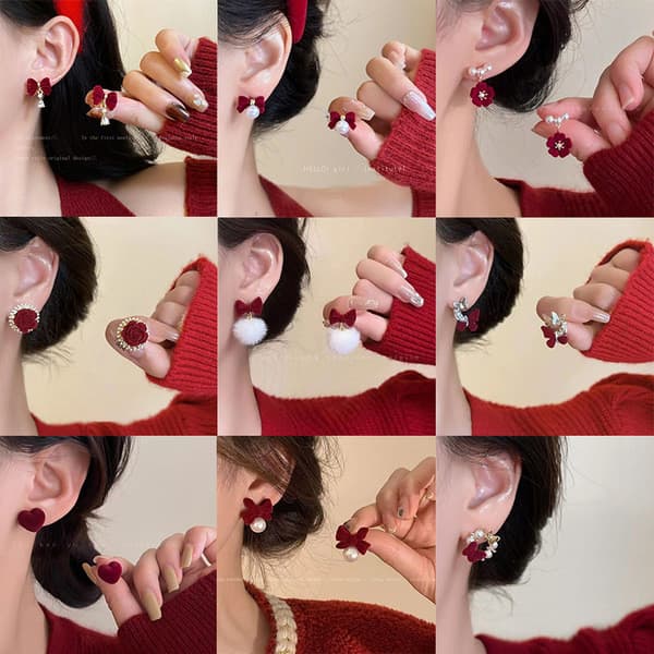 | 【cartelas de brincos feminino】 | kit brinco aço inoxidável ❉Ano novo vinho vermelho reunindo arco brincos feminino bor