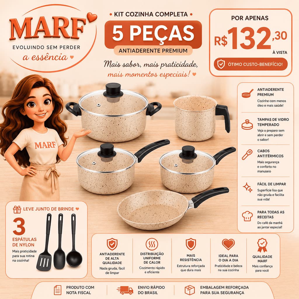 Kit de Panelas MARF 8 Peças com Antiaderente, Tampas de Vidro e Utensílios – Mais Completo para Sua Cozinha