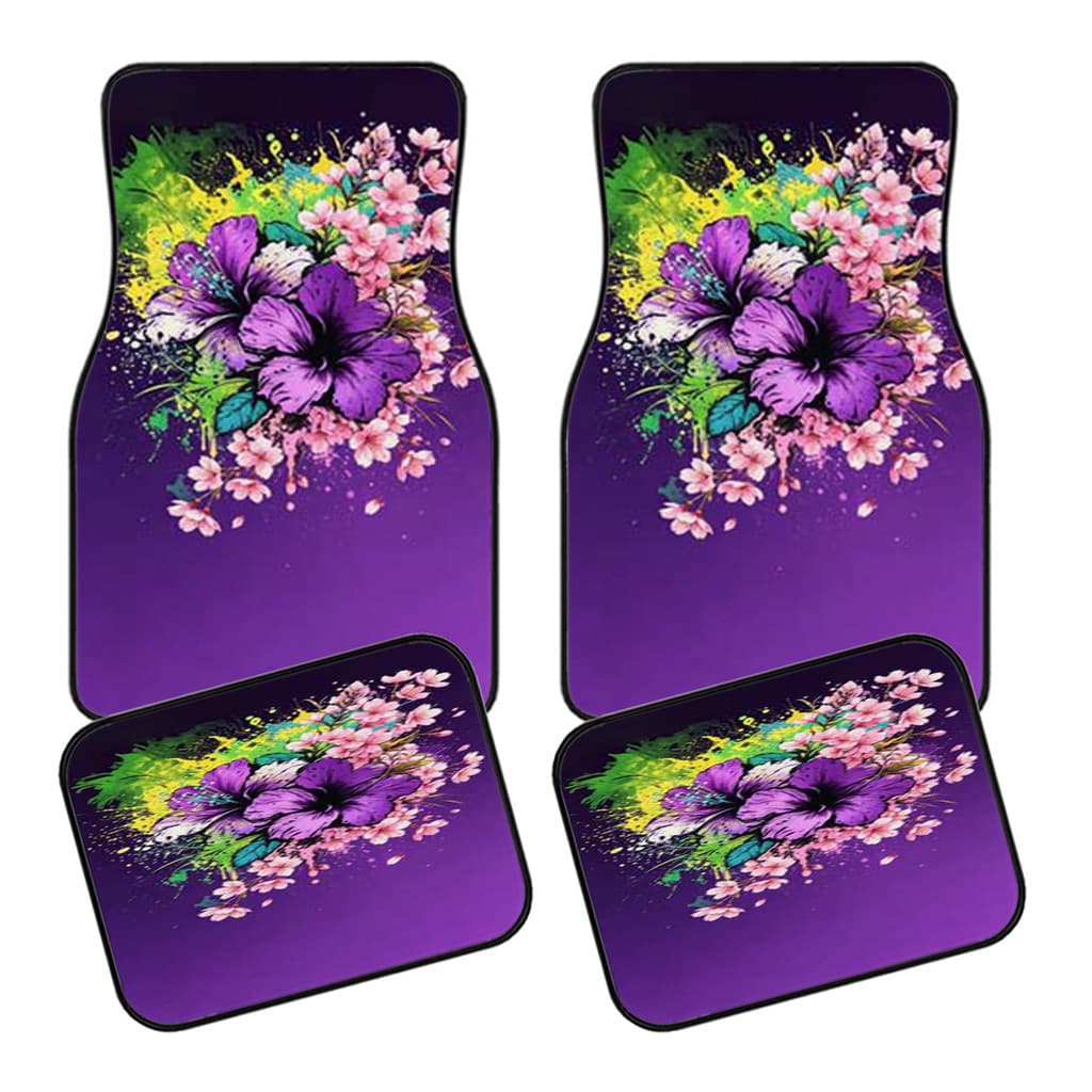 Conjunto de 4 peças de tapetes para pés de carro adequados para todas as estações Carro SUV Caminhão Padrão de flor roxa