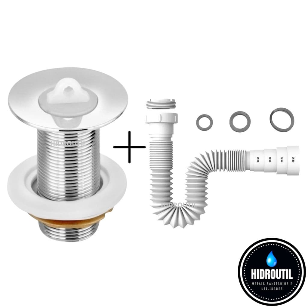Kit Válvula Lavatório Metal Cromada 7/8 Cuba Sifão Universal Sanfonado Extensivo Branco