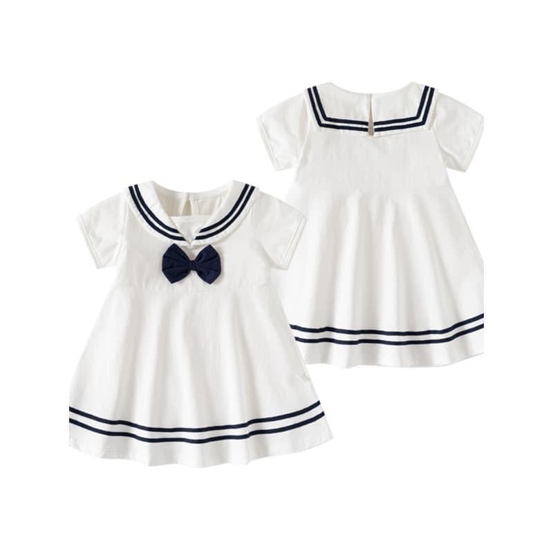Meninas de manga curta gola marinha vestido bebê princesa saia branca 2026 novo estilo verão roupas infantis arco