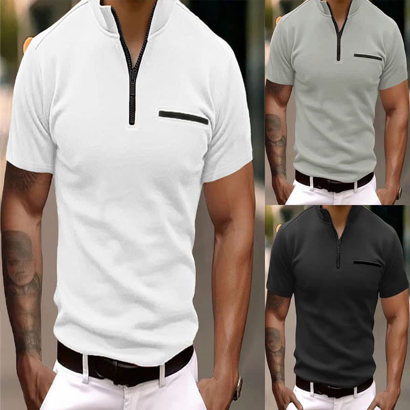 Camisa POLO de verão com zíper e bolso Casual camisa polo esportiva masculina