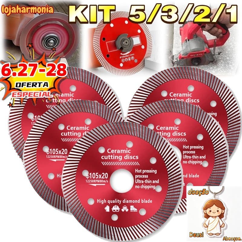 Kit5/3/2/1 Disco de Corte Diamantado Porcelanato 105 mm x 20 mm - 1,4mm A melhor qualidade Super Fino Diamantado