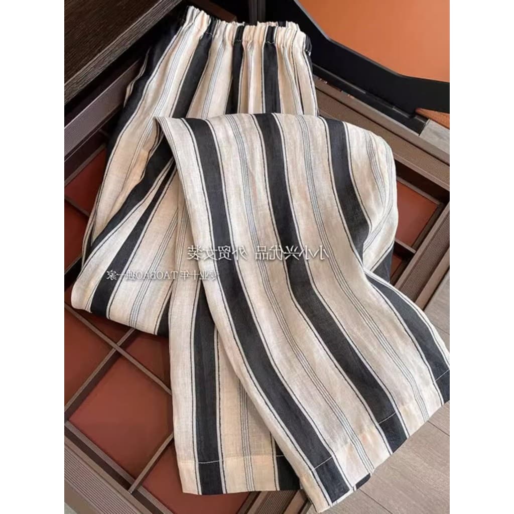 Desconto de marca contador feminino algodão linho esportes Casual calças de perna larga Ramie preto branco listrado calç