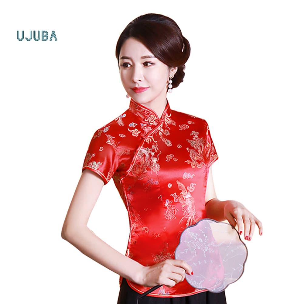 Ujb Blusa Étnica Feminina Chinesa De Manga Curta Com Gola Dragon Phoenix