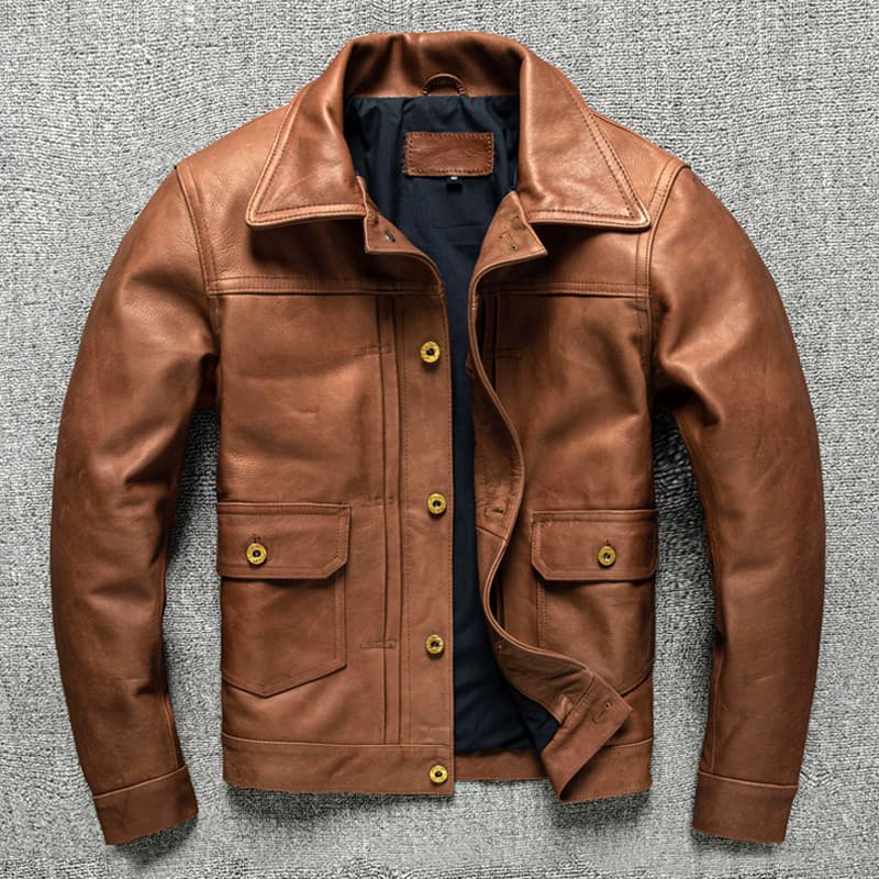 Ami Khaki 506 Primeira Camada de Couro Genuíno Jaqueta Masculina Simples Jaqueta Jeans Lapela Curta Jaqueta Slim-fit Mod