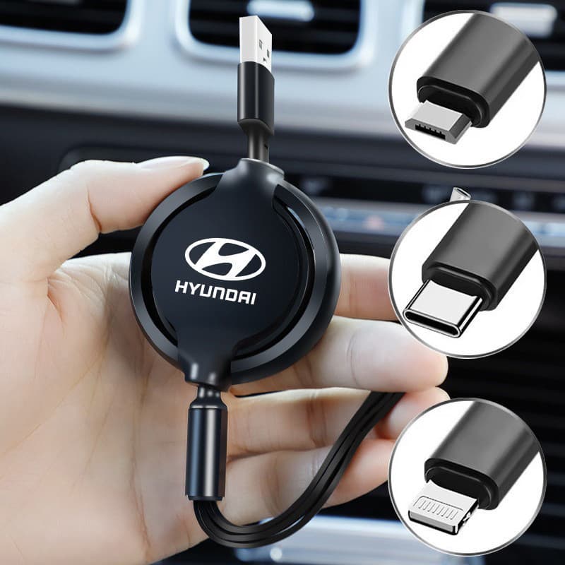 Carregador Rápido USB 3 em 1 para Carro, Compatível com Lightning, Tipo C e Micro, para Hyundai Tucson IX35 I30 I20 Kona