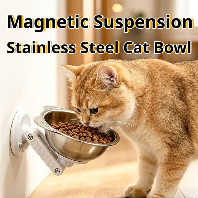 [Novo modelo] Suporte de Parede Magnético em Aço Inoxidável para Tigelas de Gato e Cão Ajustável Sem Furos