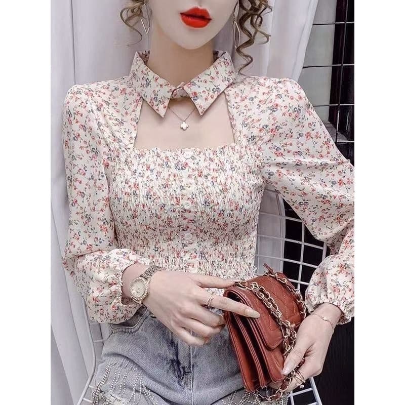 2026 primavera verão novo estilo moda cintura estreita mais magro olhar oco temperamento superior de manga comprida Flor