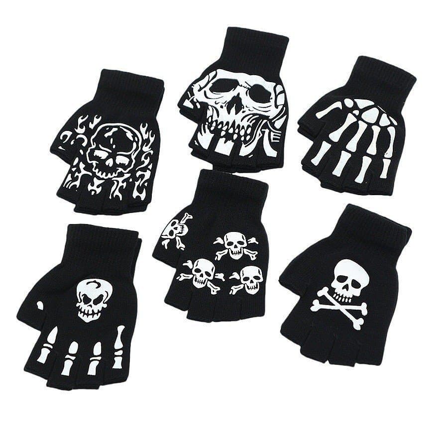 Luvas de malha sem dedos para casal de Halloween com design de garra de fantasma e caveira MWVP