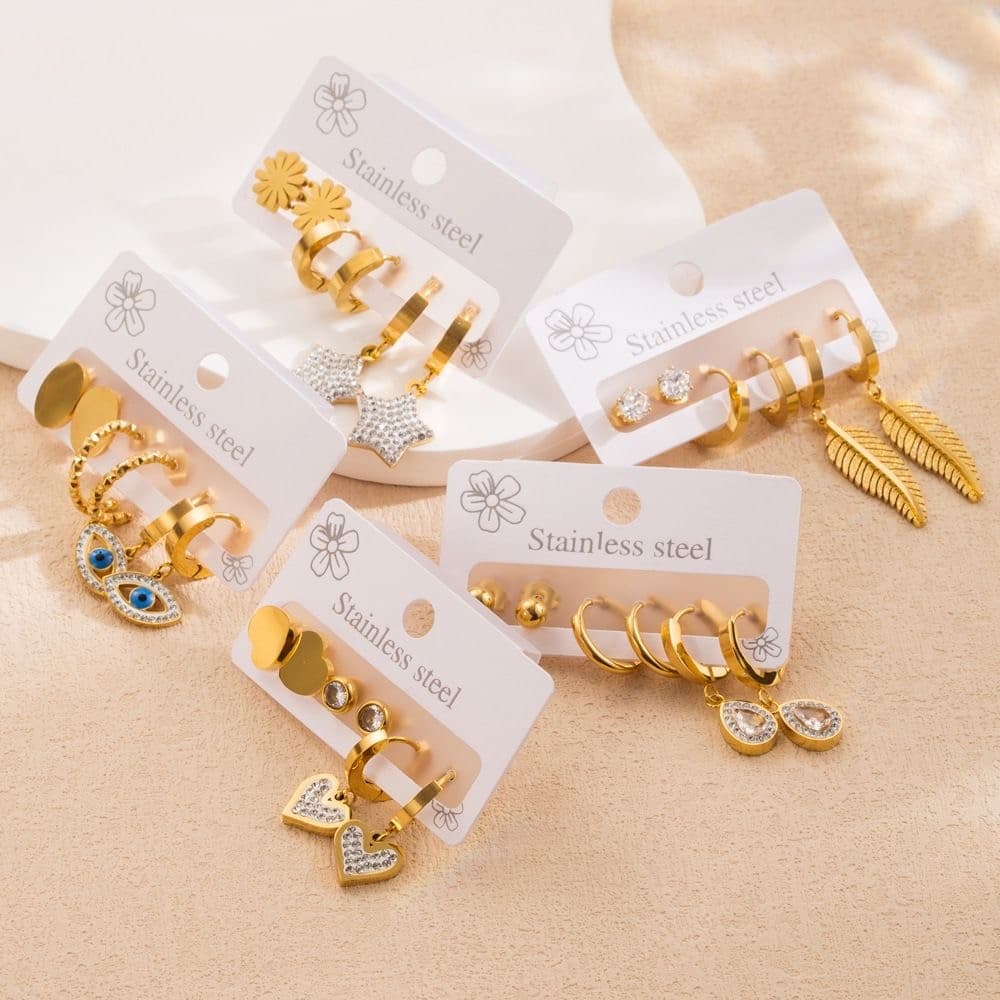 Kit Brincos Femininos 316L Aço Inoxidável Dourado Zircônia Modelos Variados