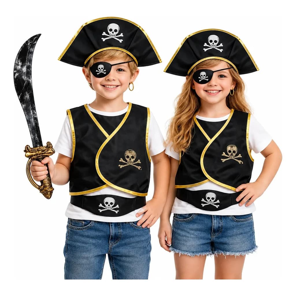 Fantasia Pirata Infantil Kit 6 Pçs Chapéu Colete Espada Tapa-olho Cinto  Halloween Unissex