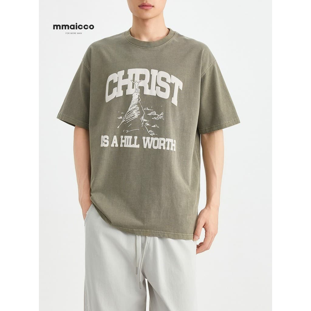 Momaike masculino rua Casual 280g puro algodão de manga curta camiseta masculina 2026 verão novo estilo impresso meia ma