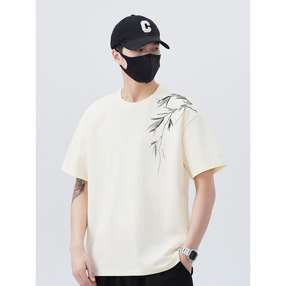 2026 novo estilo estilo chinês folha de bambu em torno do pescoço de manga curta camiseta masculina verão solto legal to