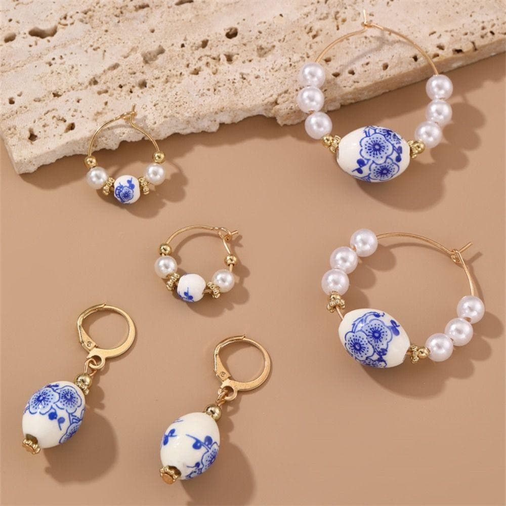 Brinco Pendurado De Pérola  , Brincos Boêmios Feitos À Mão De Porcelana Azul E Branca , Estilo Coreano