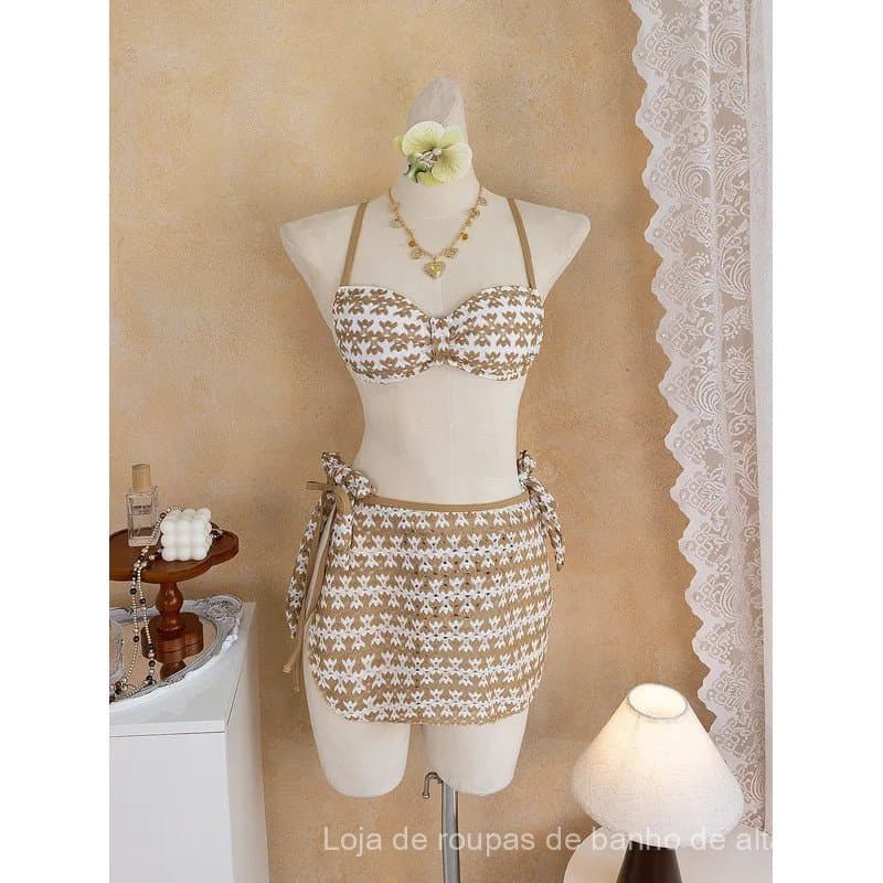Conjunto de Biquíni Vintage Listrado Cáqui de Tricô para Mulheres, Sutiã Push Up com Laço Frontal, Saia Lateral com Laço