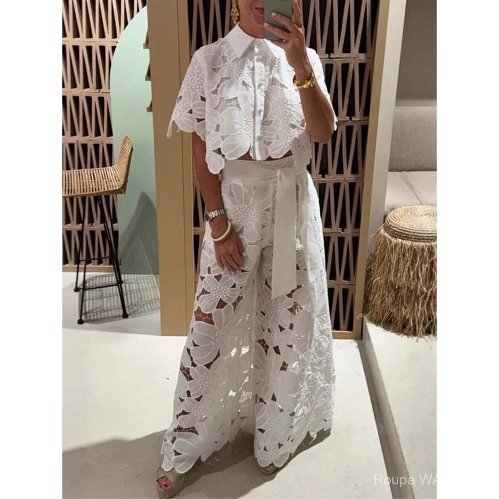 Conjunto de Camisa Casual de Renda Oca e Calças Longas para Mulheres 2 Peças E58Y