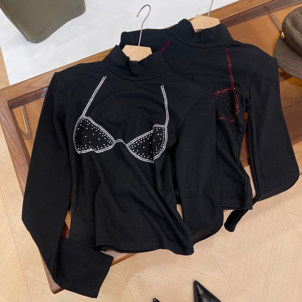 [Lin Lin] American Retro Hot Girl Nicho Hot Diamond Design Camisa de fundo de cor sólida feminina outono inverno Top cur