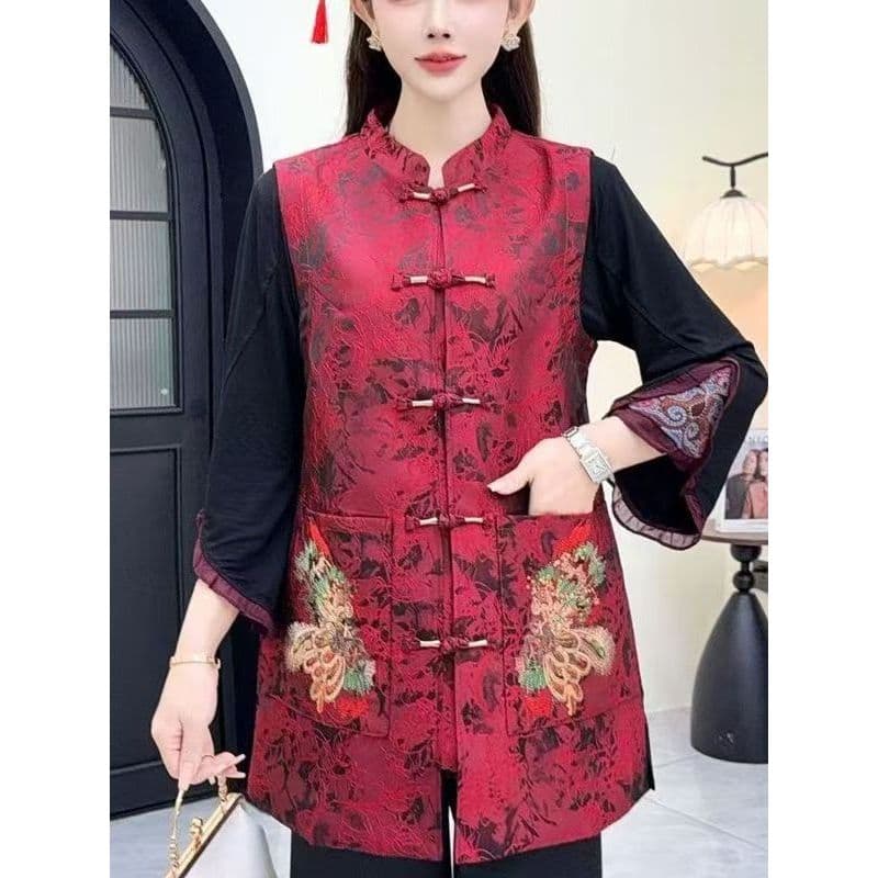 Primavera outono novo estilo chinês estilo étnico Phoenix bordado colete feminino indústria pesada All-Match jaqueta sup