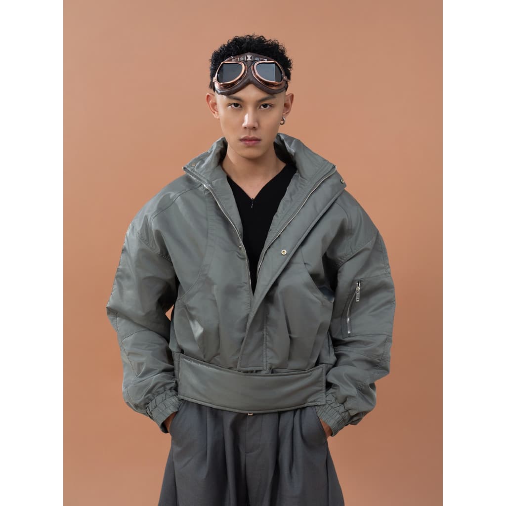 CLP Cinza-Preto Ombro Caído Largo Design de Cintura Estreita Jaqueta Curta Casaco Masculino Solto Casual Estilo Funciona