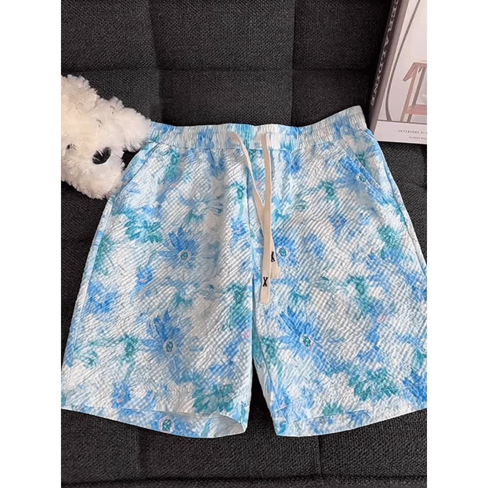 Seersucker Shorts de flor azul masculino verão estilo fino seda gelo calças esportivas de secagem rápida havaí Street We