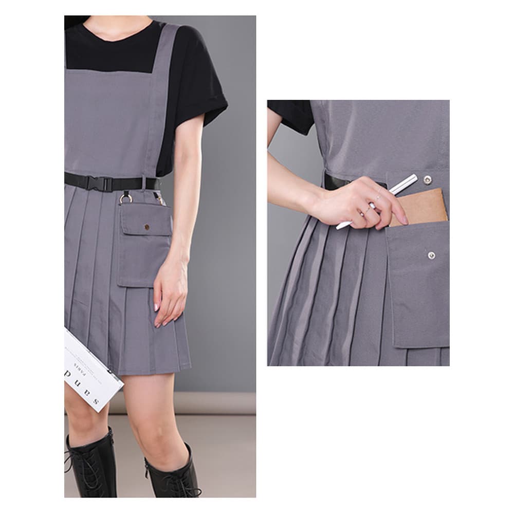 Avental plissado preto moda feminina simples com Design de bolsa conveniente prático avental de trabalho