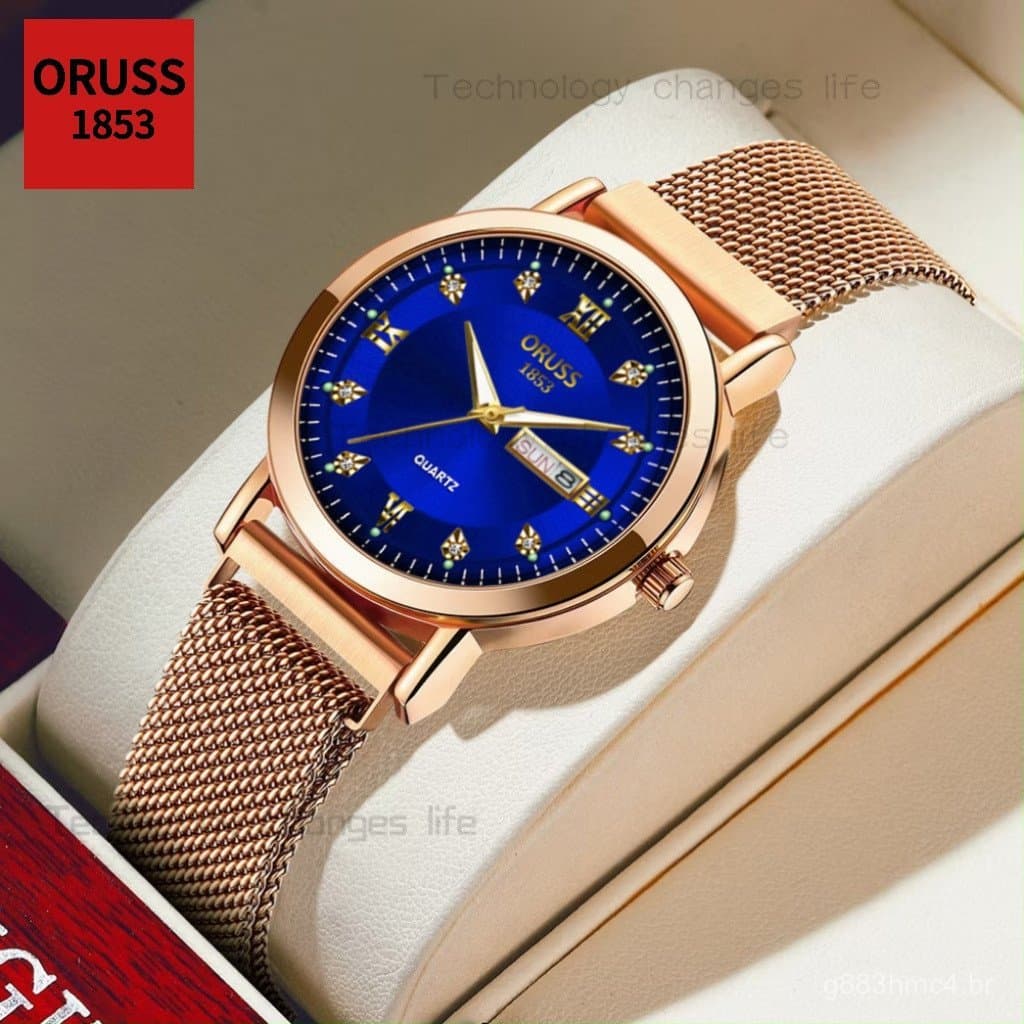 Relógio de Pulso Feminino ORUSS Original com Duplo Calendário, Luxuoso, em Aço Inoxidável, à Prova d'Água, Luminoso, Peq