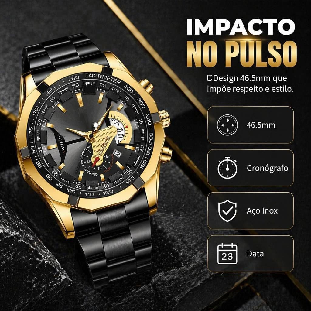 Relógio Masculino Cronógrafo Aço Inoxidável 46.5mm Display Data Luz Noturna Resistente à Água 30 Metros Presente