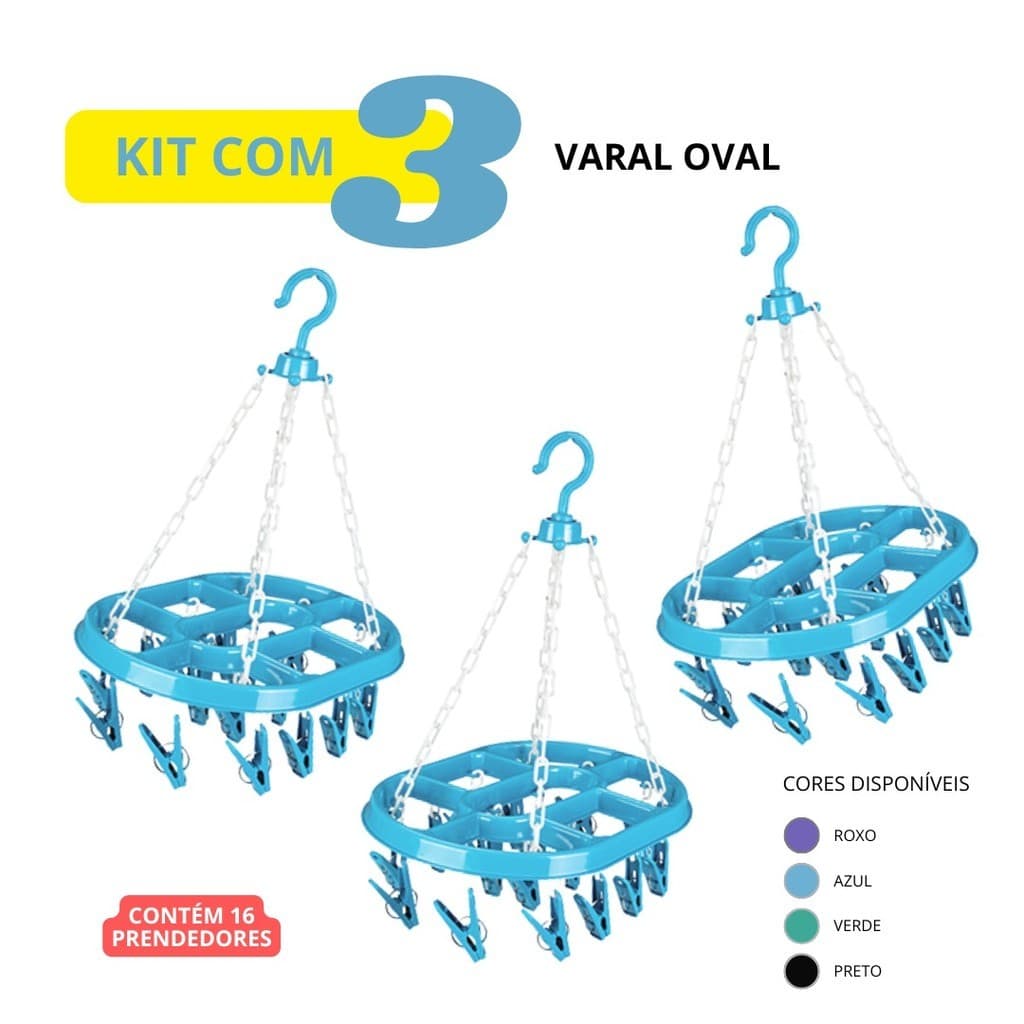 Kit Com 3 Varal Oval Com 16 prendedores Suspenso Portátil Reforçado Roupas Íntimas Multiuso