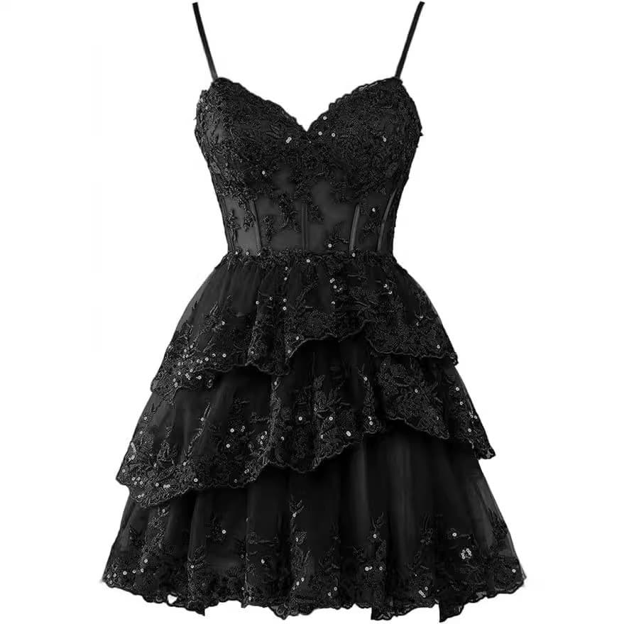 Novo Vestido Curto de Festa, Mini Vestido de Lantejoulas com Renda em Camadas e Alças Finas, Vestido Elegante para Baile