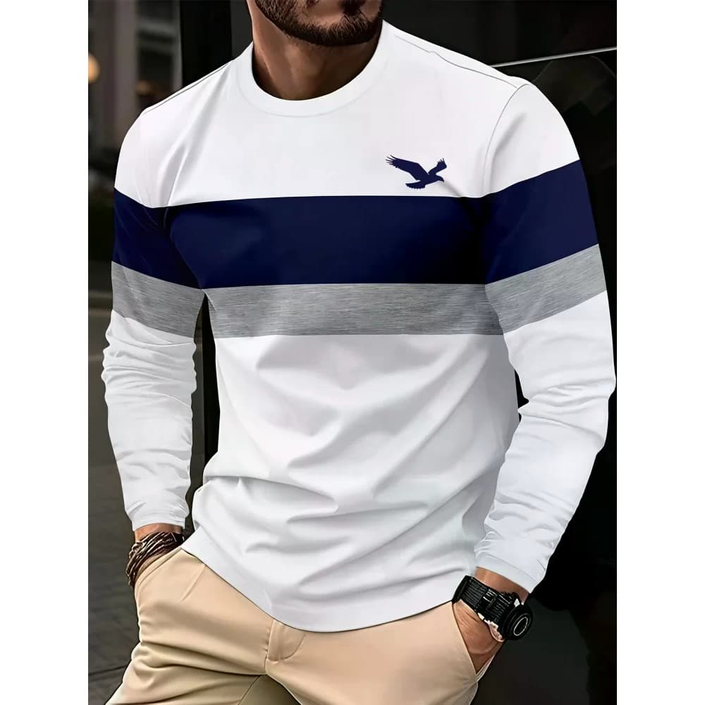 Outono Moda Masculina Águia Impressão Manga Longa Camiseta Listrado Casual Esportes Moletom Solto Topo Masculino Commute