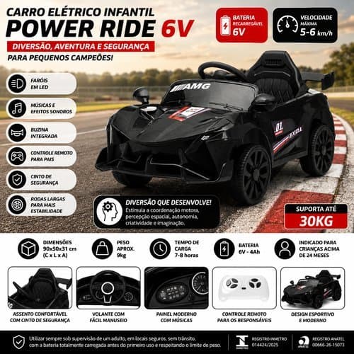 Carro Eletrico Infantil 6v Potente Seguro Diversao Design Moderno Preto