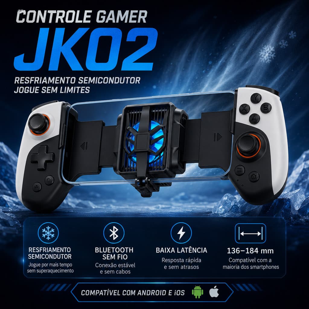 Controle Gamer JK02 Telescópico Bluetooth com Resfriamento Semicondutor para Android e iOS